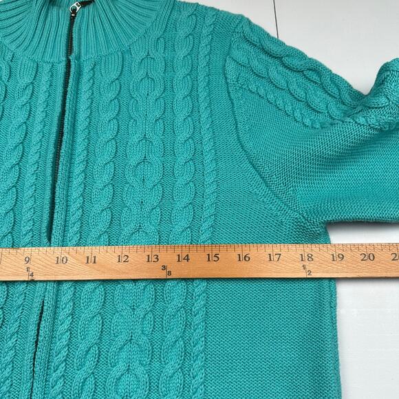 LL Bean Sweater Womens Large Teal Cable Knit Full Zip Cardigan Fisherman Cotton - Picture 11 of 14